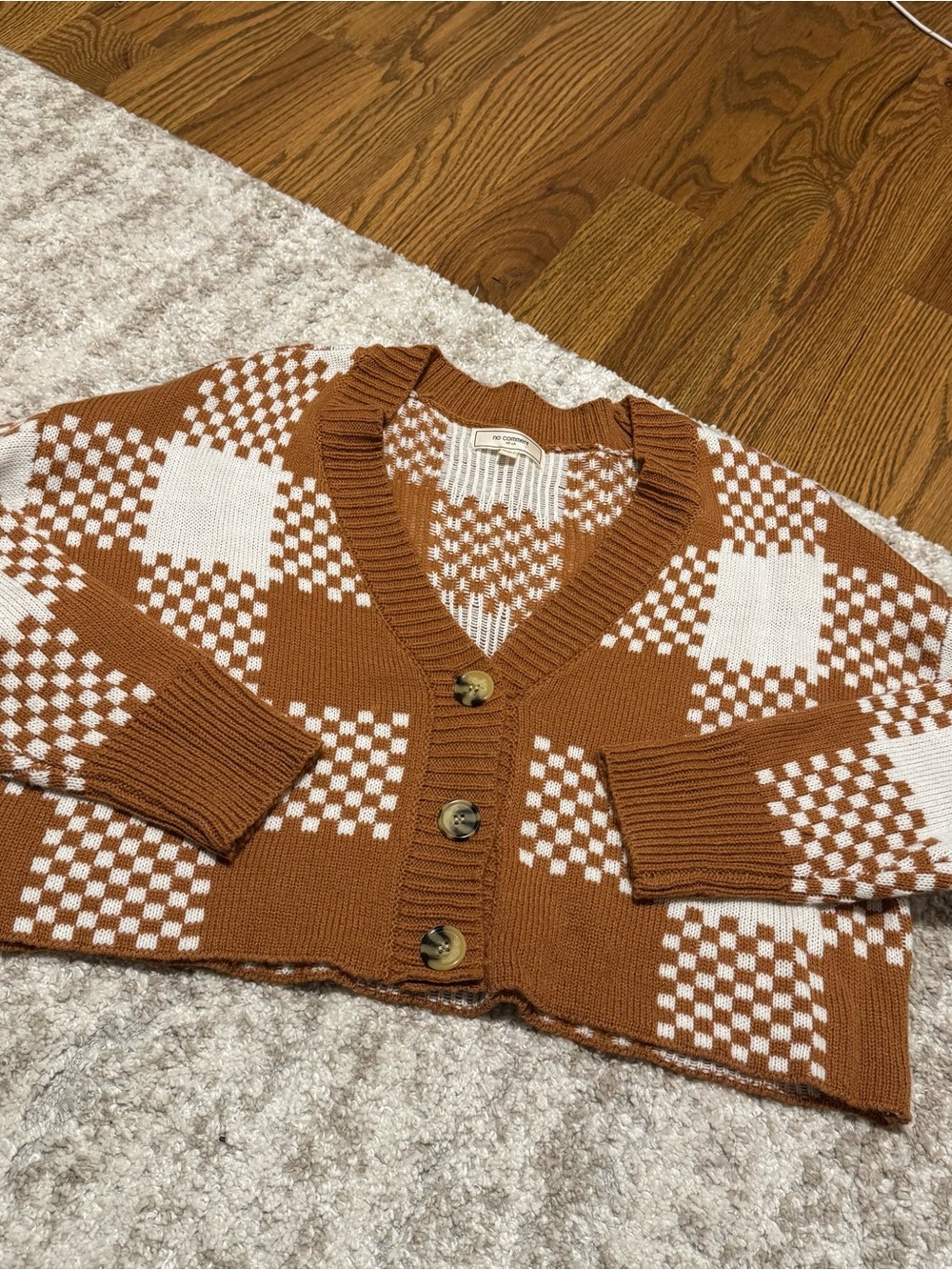 Cropped Checker Knit Cardigan in Rust & White